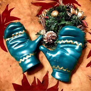 Vintage Christmas Winter Mittens Winter Green and Gold Ceramic Hand Painted Mitt